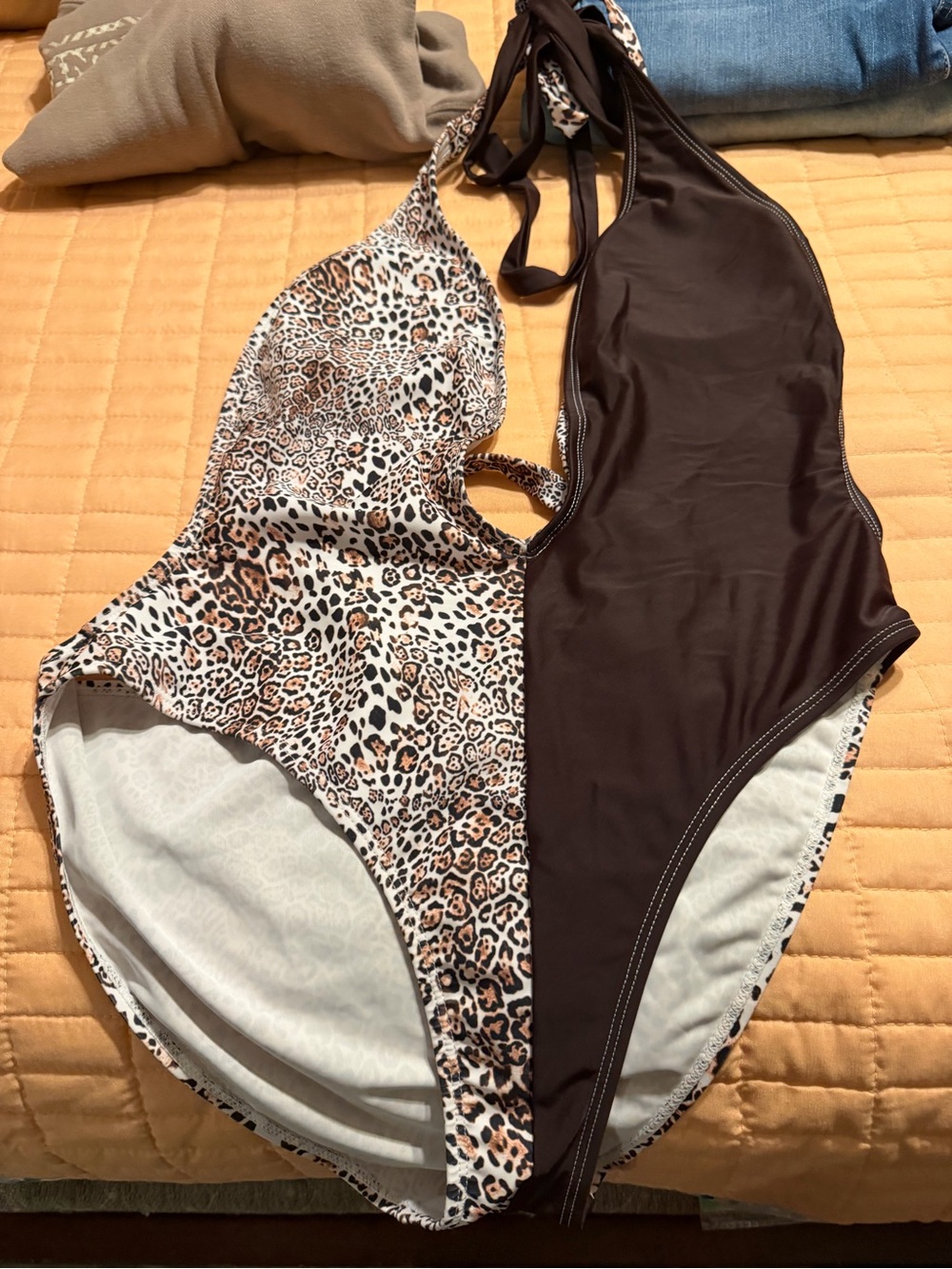 SHEIN Two-Tone Leopard Halter One-Piece Swimsuit - Brown & Cream